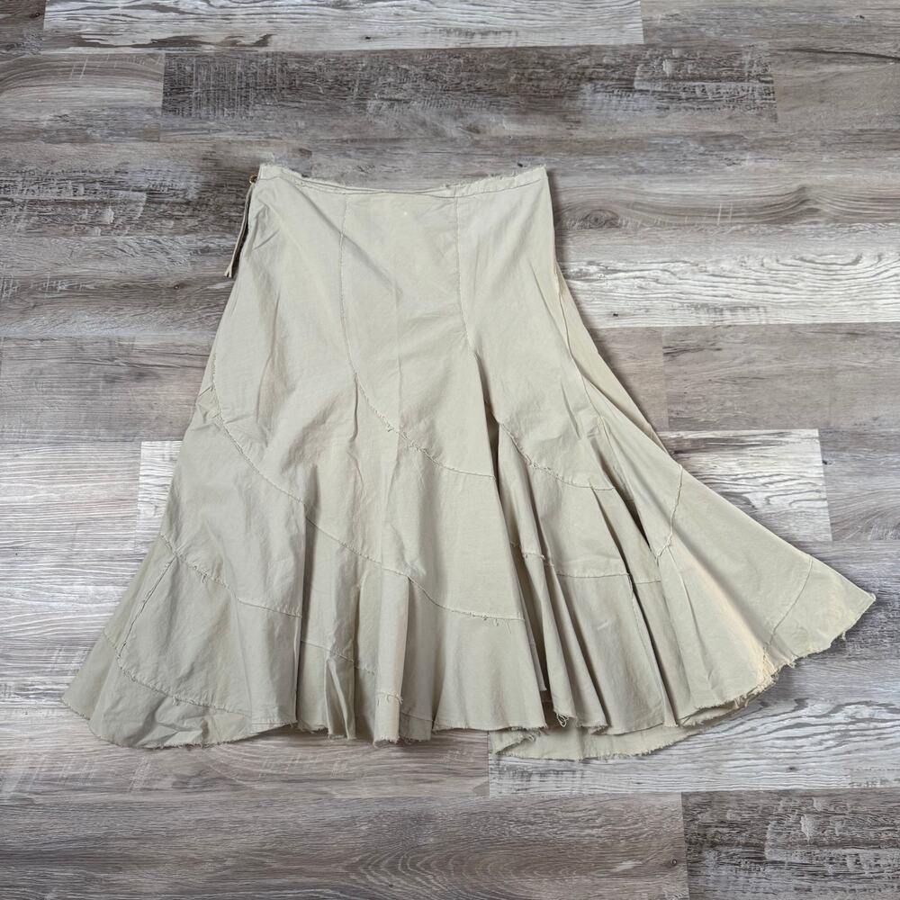 Nicole Farhi Beige Cotton Asymmetrical Midi Skirt Raw Hem Minimalist Size US 10